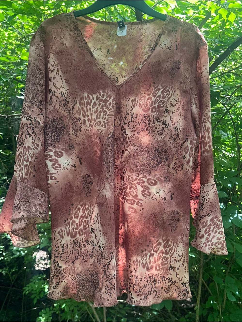 Vintage Y2K Gemma USA Brown Leopard & Lace Printed Ruffle Sleeve Blouse